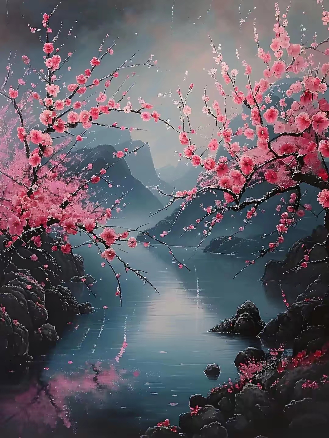 治愈系风景壁纸:唯美古风意境 桃花 水潭#壁纸