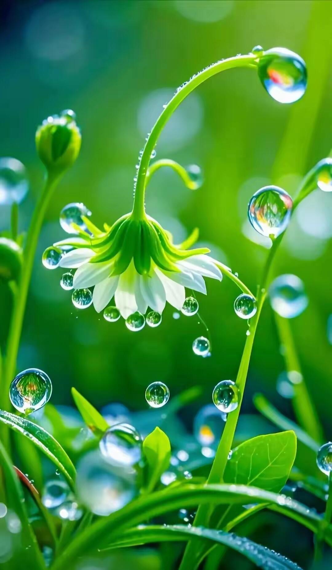绿色护眼壁纸 ‖ 滴落的水珠与花的邂逅