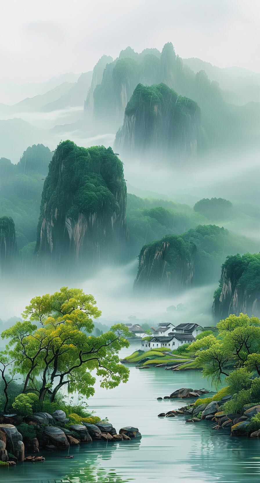 水墨江南,山水画,治愈系的唯美意境