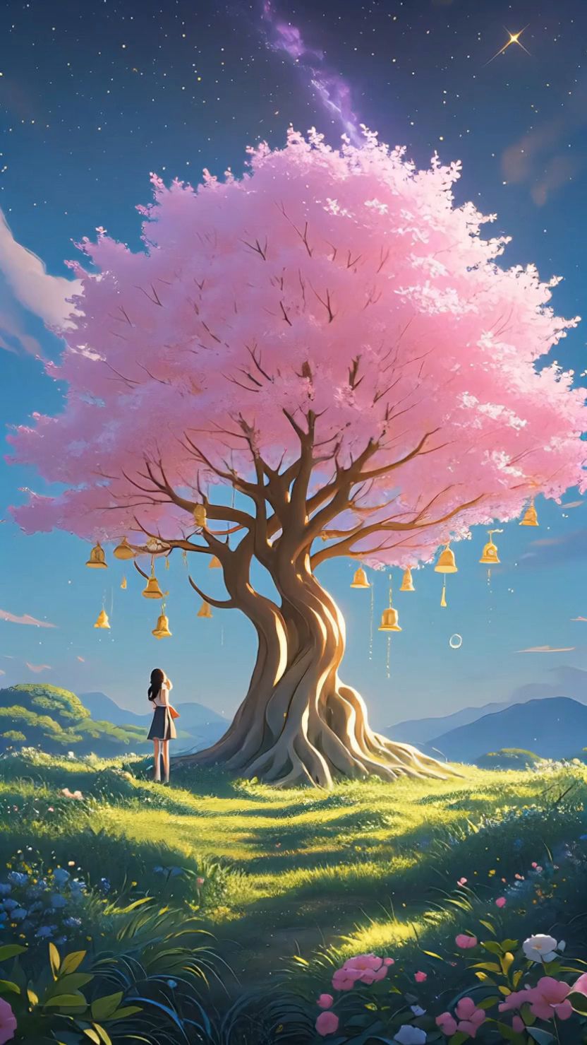 站在粉色大树下,听着风铃清脆奏鸣,仿佛置身于粉色的梦幻之境