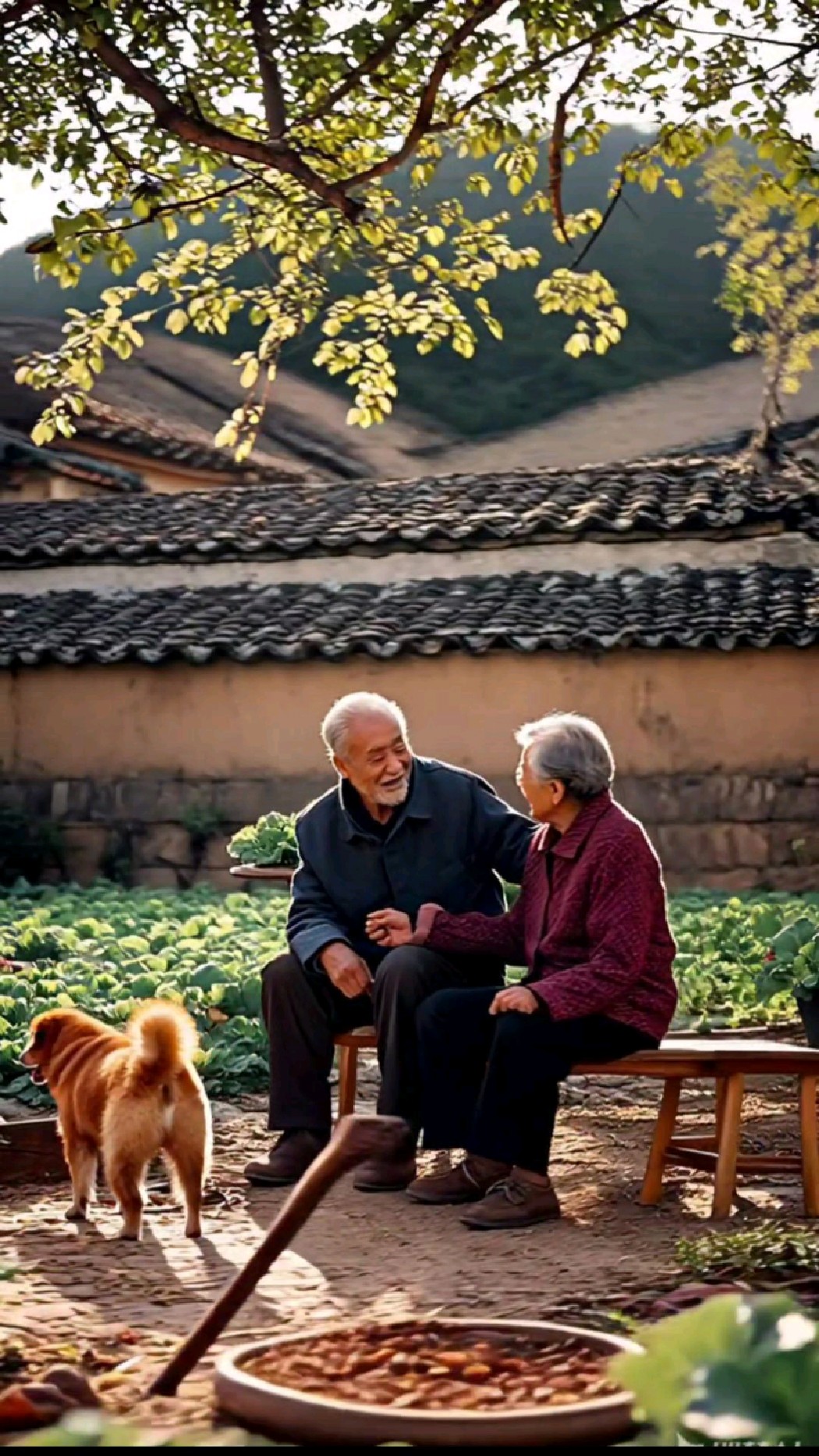 花开小院间,老两口相顾谈天,谱写乡村温情慢时光