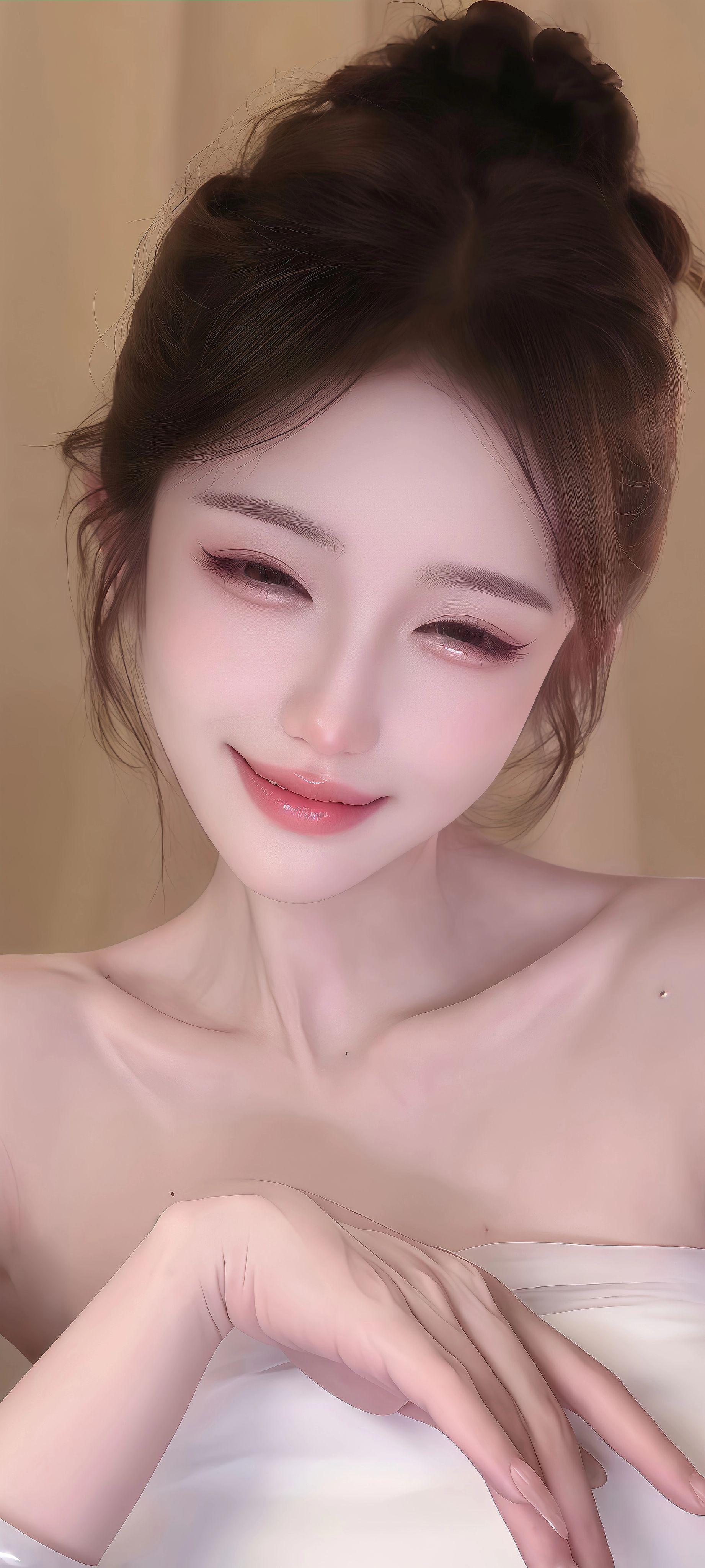 这张照片展示了一位女性的上半身,皮肤光滑细腻,锁骨线条清晰可见