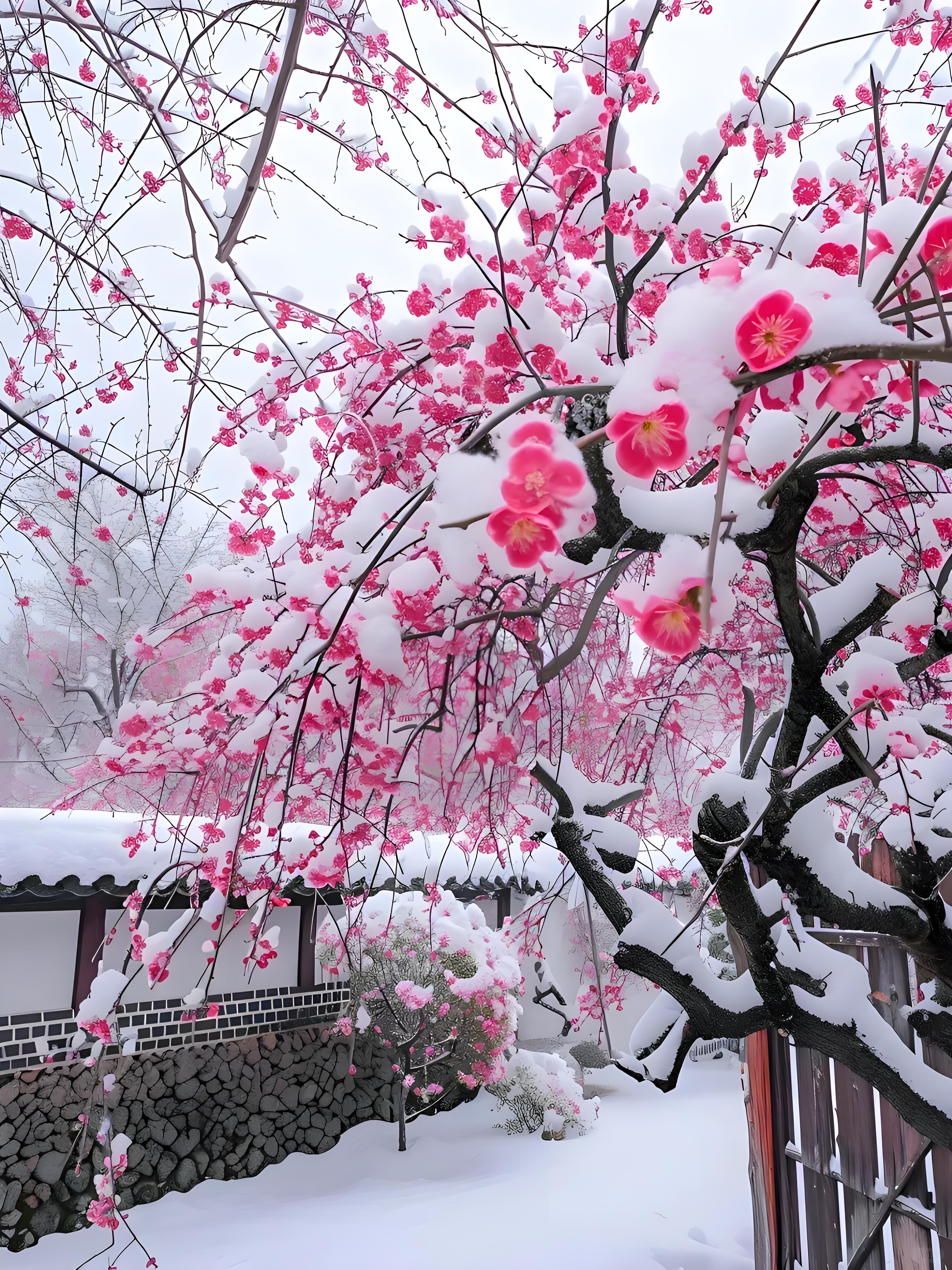 《雪中梅情》  梅花爱雪雪不知, 开在雪中做情痴