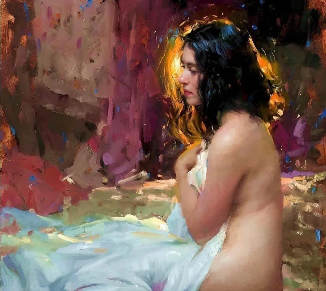 这幅画描绘了一位裸体女性坐在沙发上,以一种深思熟虑的姿势凝视着