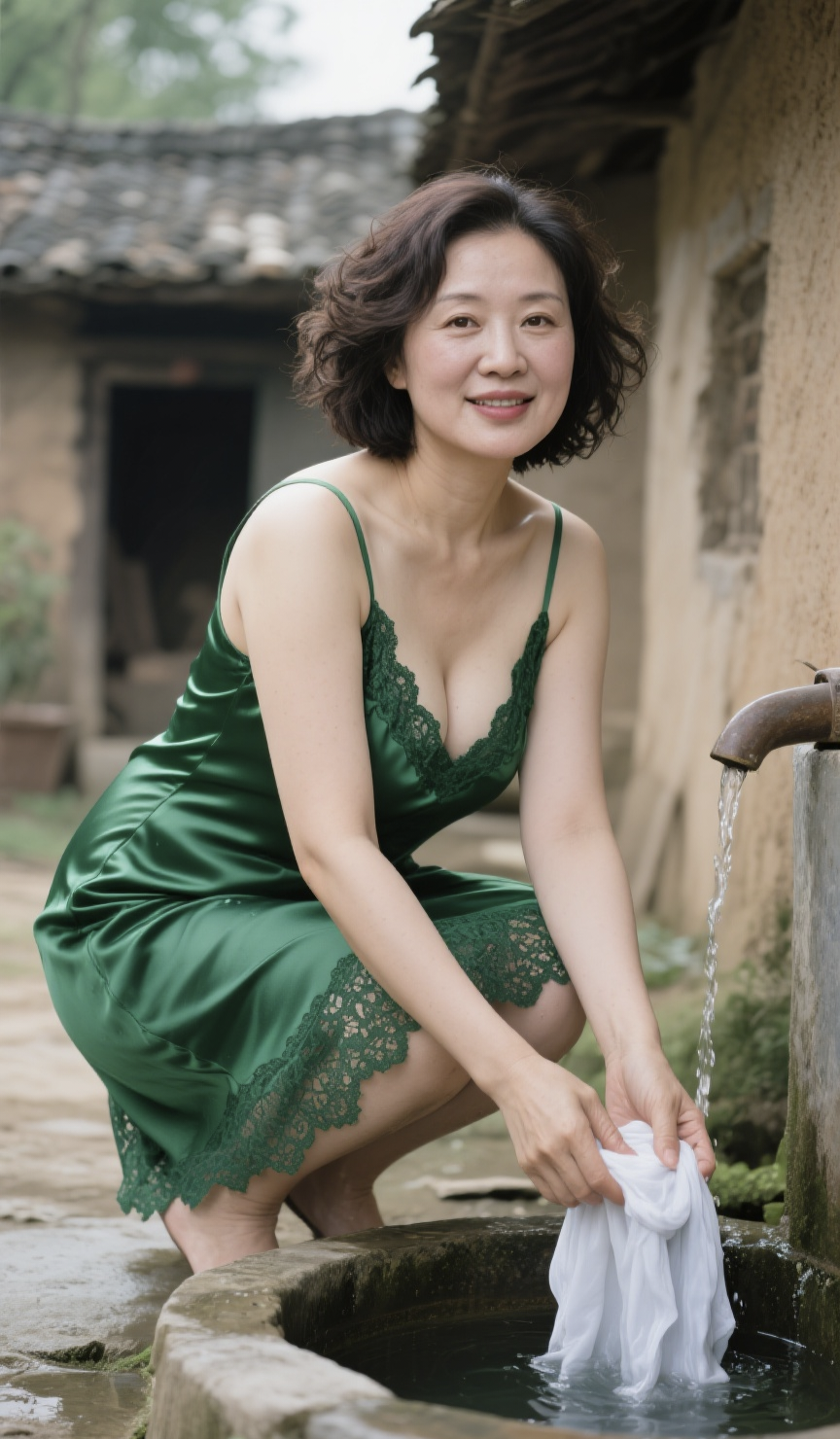 她立在农家小院的晨光里,绿色缎面裙随风轻摆,蕾丝花边在衣襟间绽放