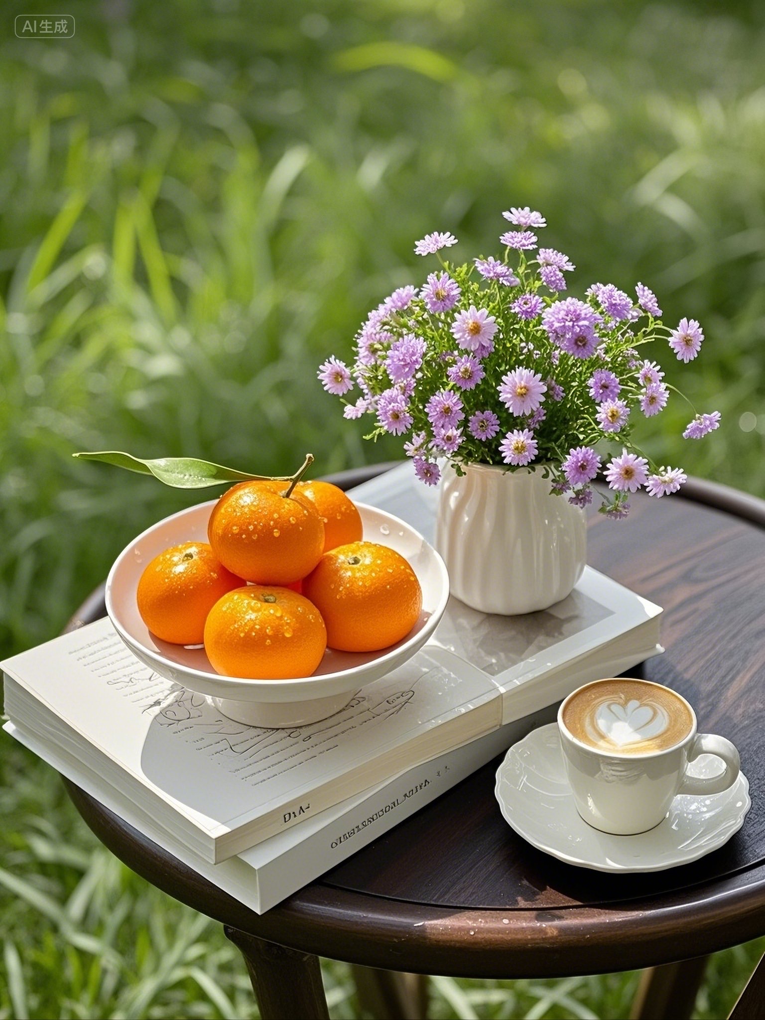 在阳光正好的日子,把小桌搬到户外 咖啡拉花精致,果香与书香交融,繁花