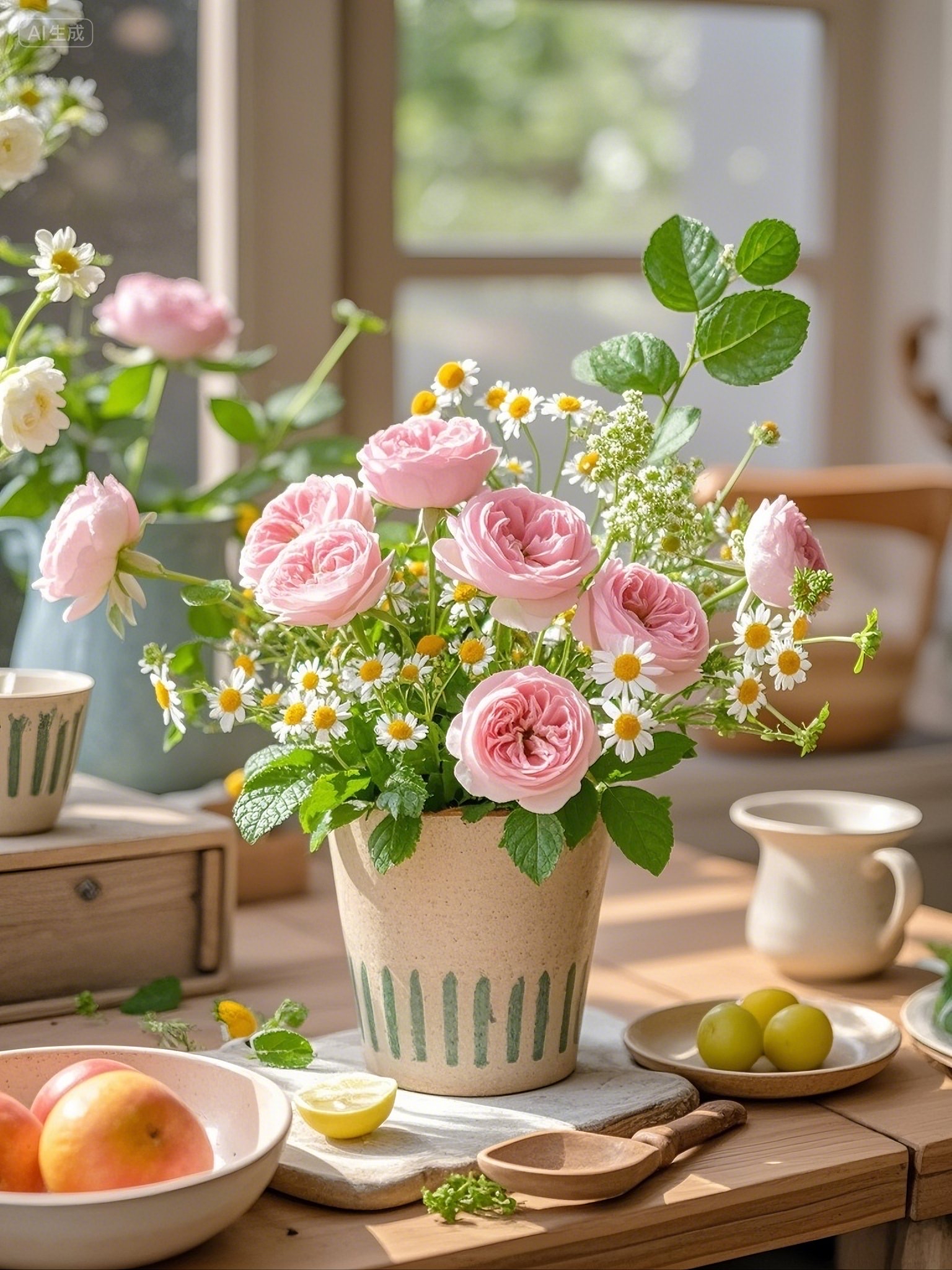安心治愈的场景黄玫瑰和菊花搭配插花粉玫瑰花加百合花有花瓶装饰图片