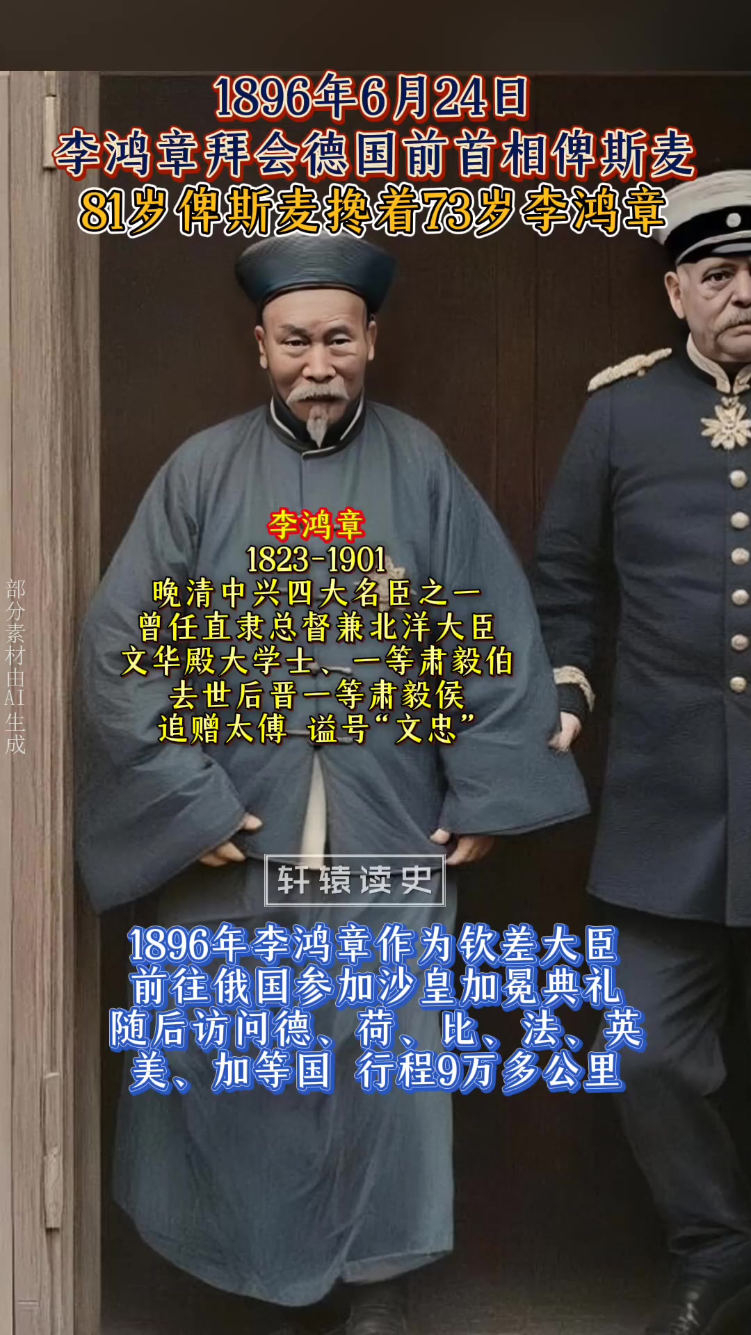 1896年,李鸿章拜会德国前首相俾斯麦,81岁俾斯麦搀着73岁李鸿章