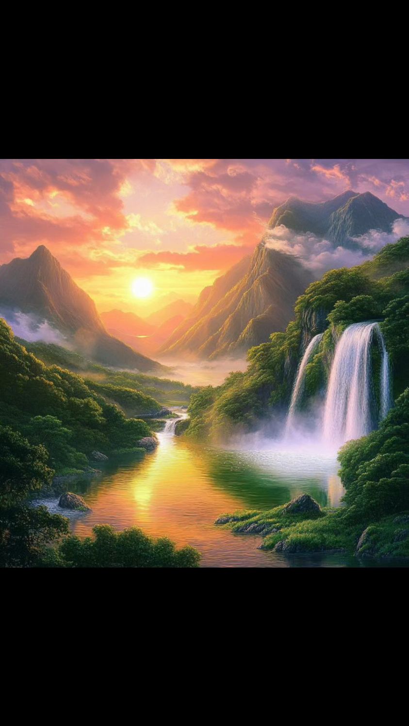 旭日东升 瀑布 聚水