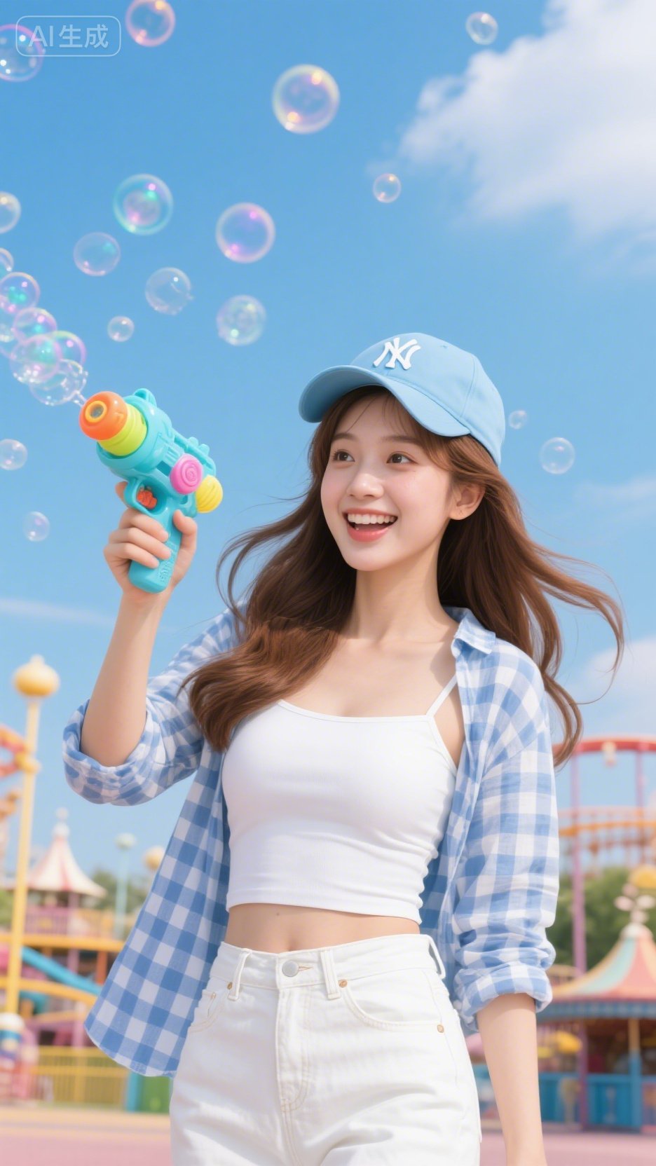 阳光女孩手持泡泡枪,于游乐园间欢笑