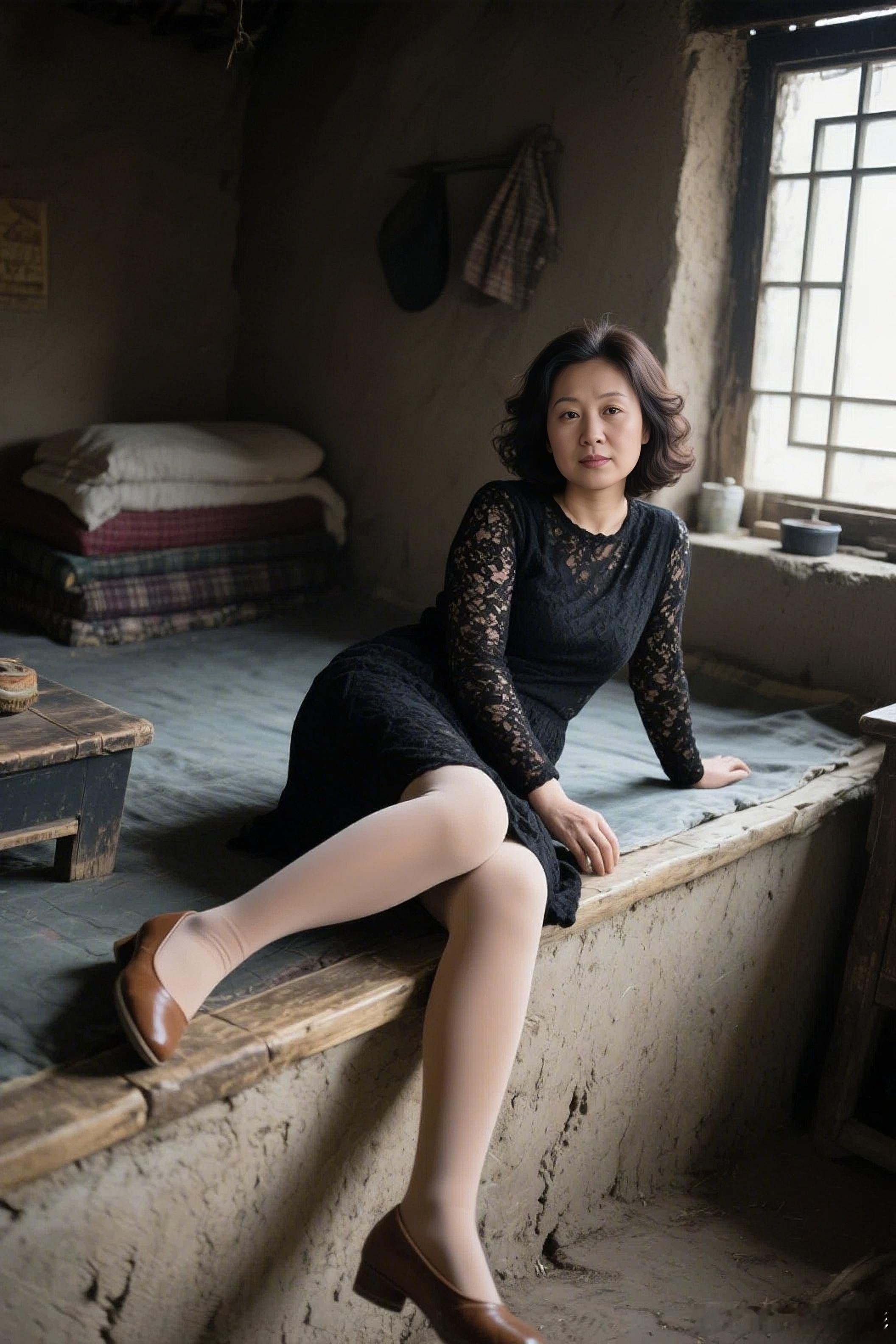 一袭黑色蕾丝裙,精致花纹诉说着优雅,搭配裸色丝袜