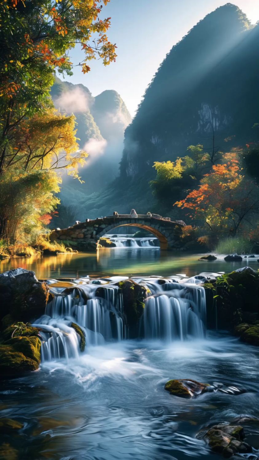 晨曦中的古桥与流水,静谧而诗意