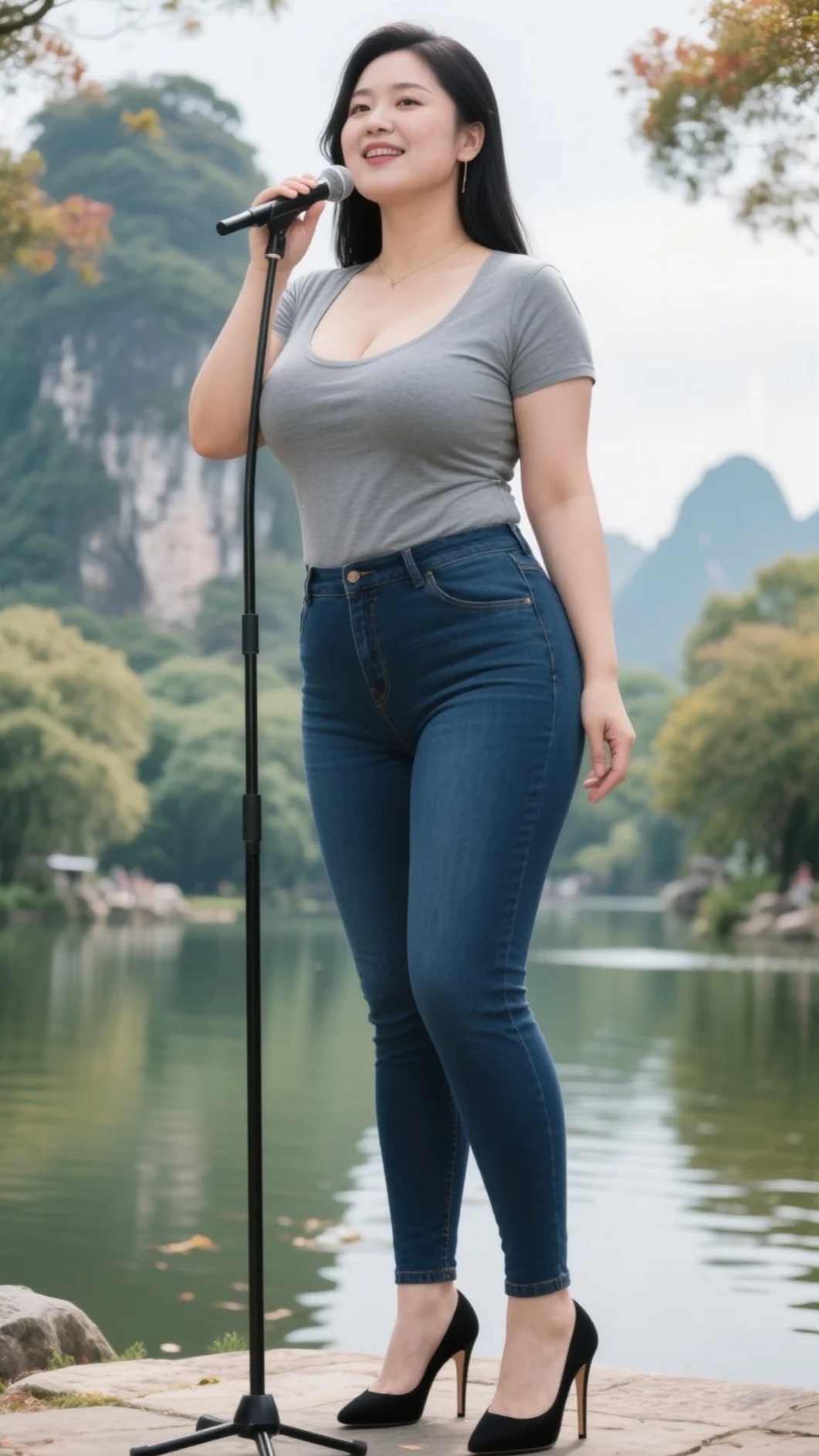 成熟美人在桂林七星公园唱歌,身材高挑,气质撩人,身穿灰色体恤,再搭配