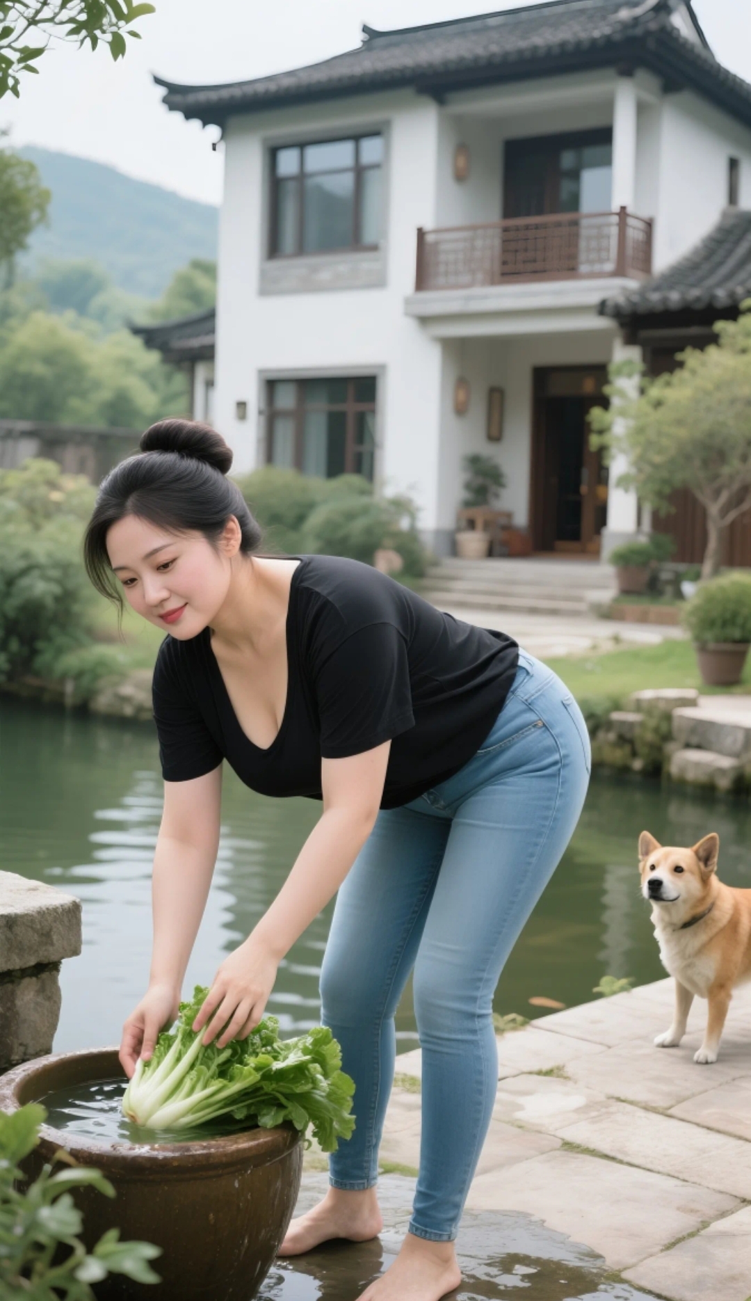 美女长相端庄大气穿搭浅蓝色牛仔裤再搭配黑色体恤真是气质迷人