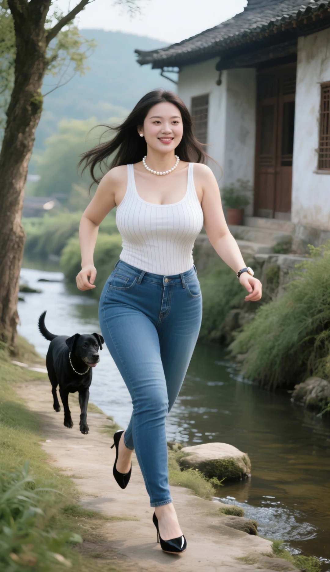 丰满美女奔跑在乡村河边长相端庄大气真的很美丽
