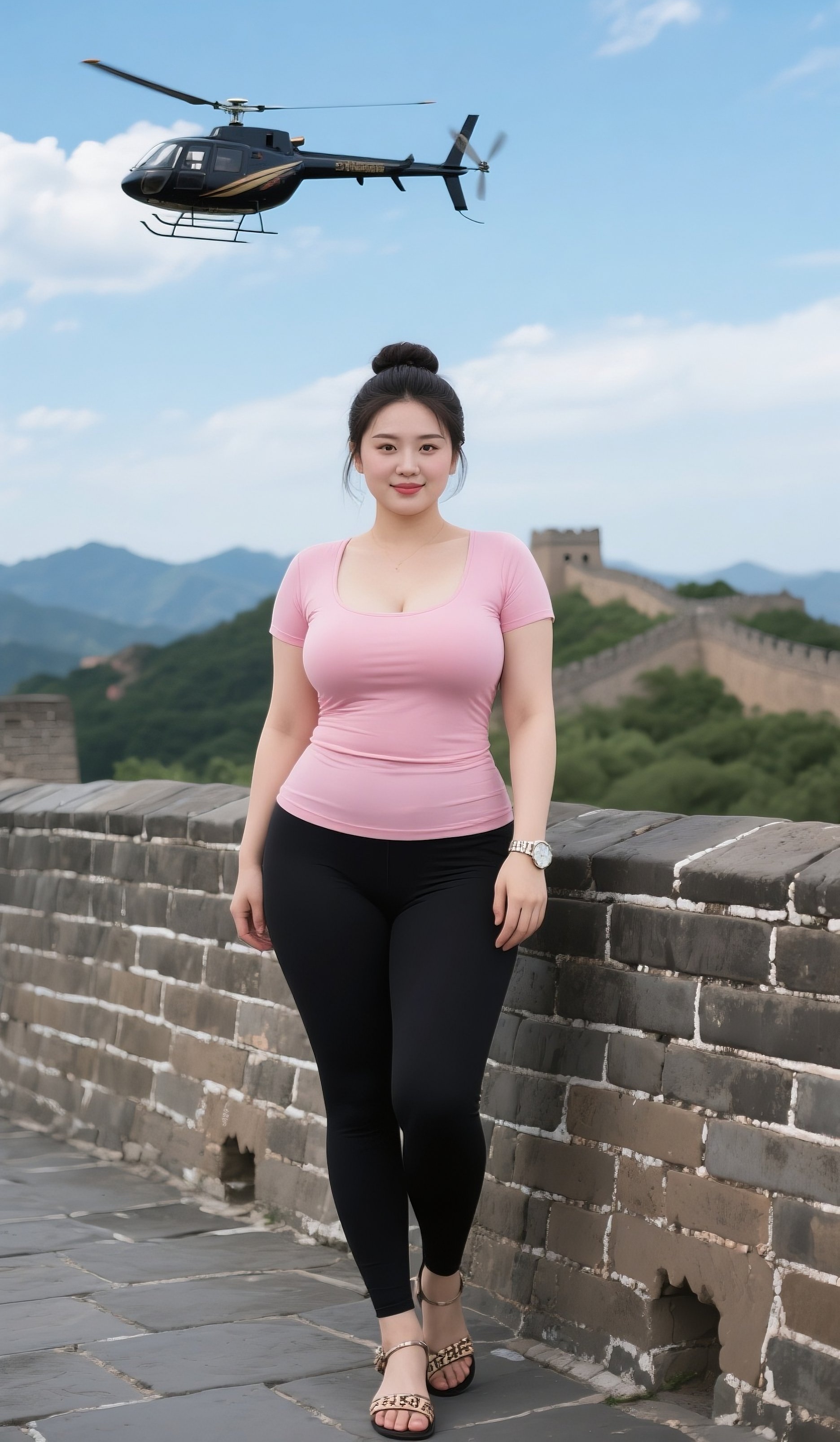 美女站在长城上观光长相端庄大气成熟丰满
