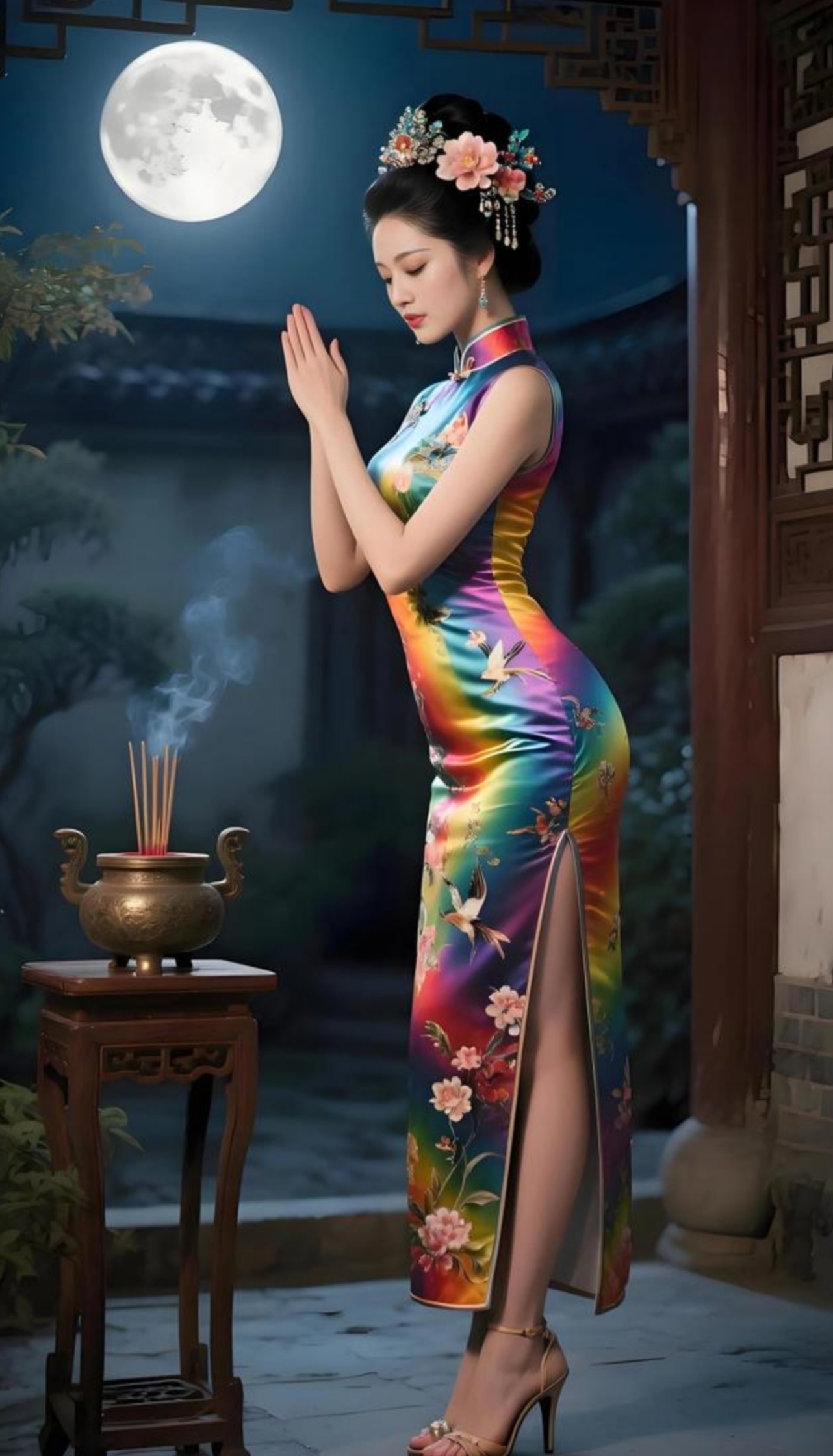 貂蝉着月白旗袍立庭前,苏绣牡丹缠枝纹衬玉骨冰肌