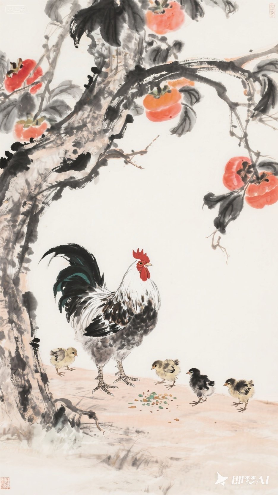 ai创作大赛# 著名大师作品国画,一只芦花母鸡带着几只小鸡在柿子氏侣