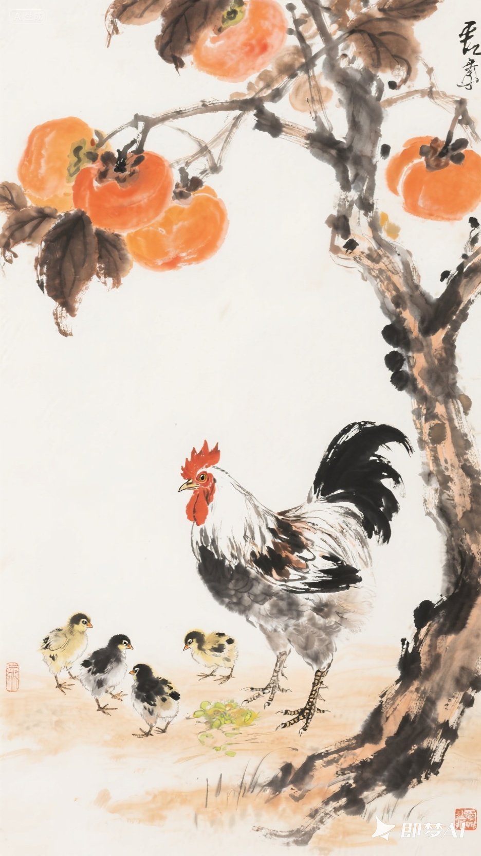 ai创作大赛# 著名大师作品国画,一只芦花母鸡带着几只小鸡在柿子氏侣