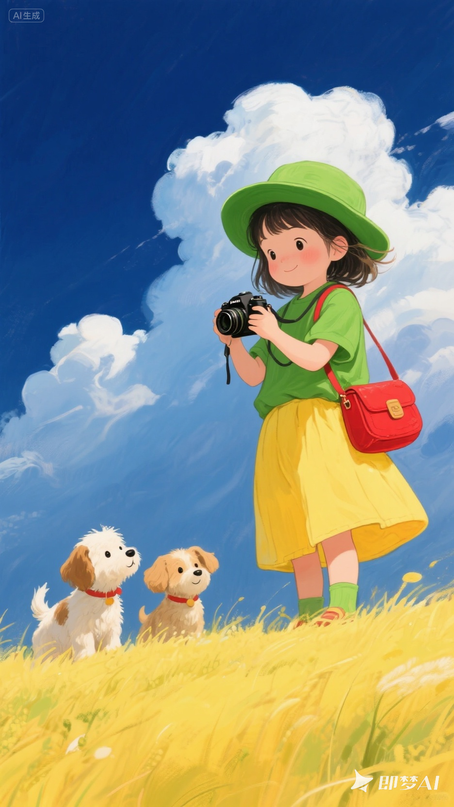 脚下是金黄的草地,营造出童油画可爱小女孩女生拿相机头像唯美可爱小
