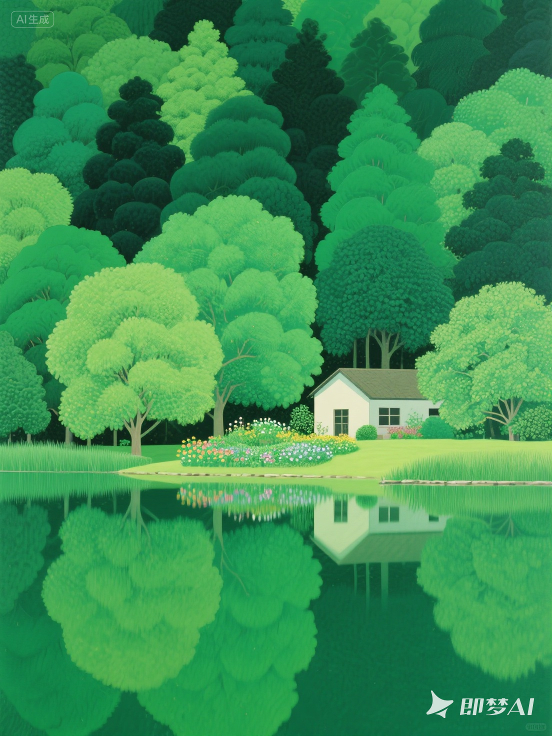 ai创作大赛# 绿色的树林,不同色阶的绿色,墨绿,东山魁夷风格,底下是