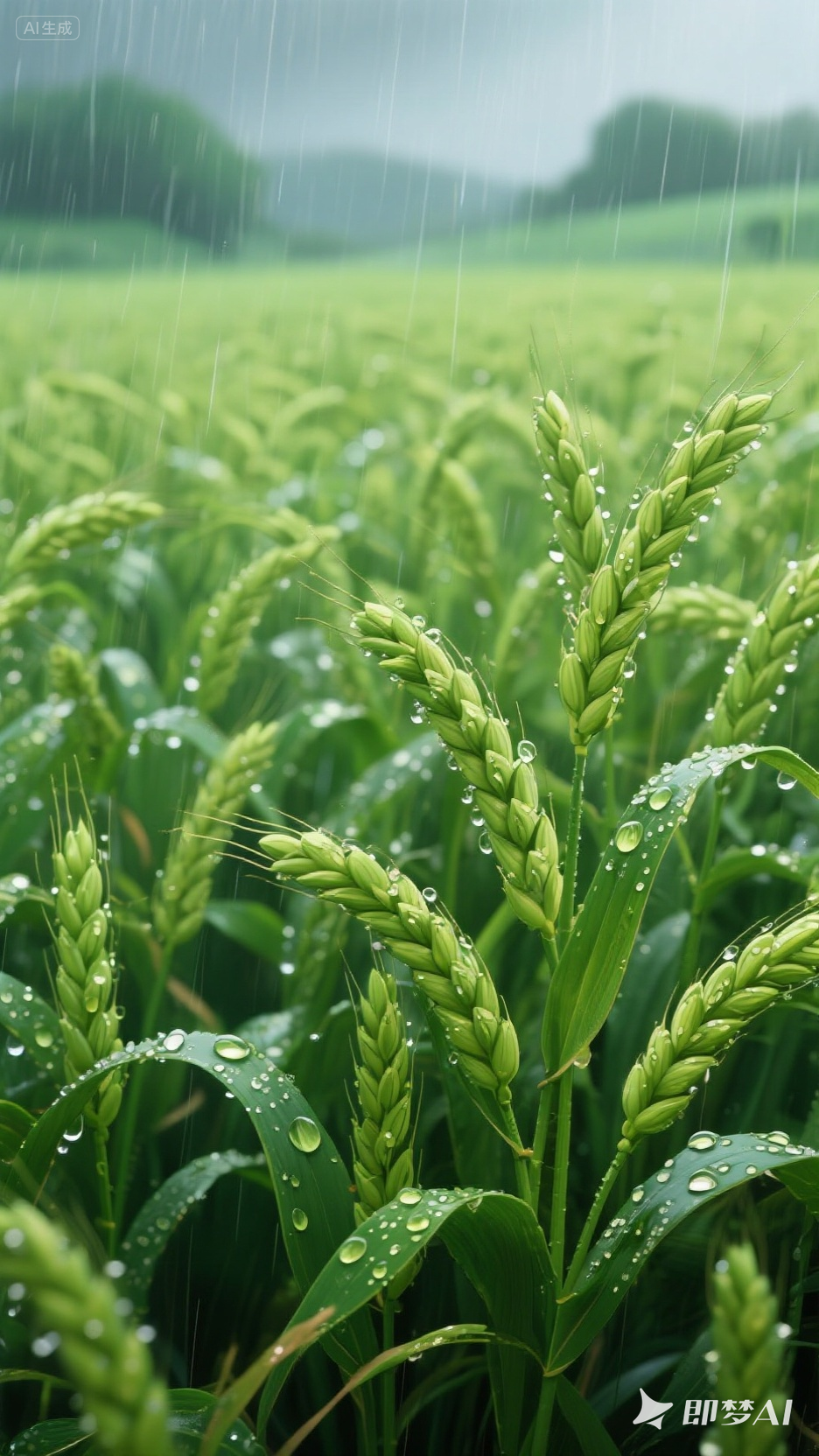 ai创作大赛# 一片绿油油的小麦田,倾盆大雨,清晰可见绿油油小麦的