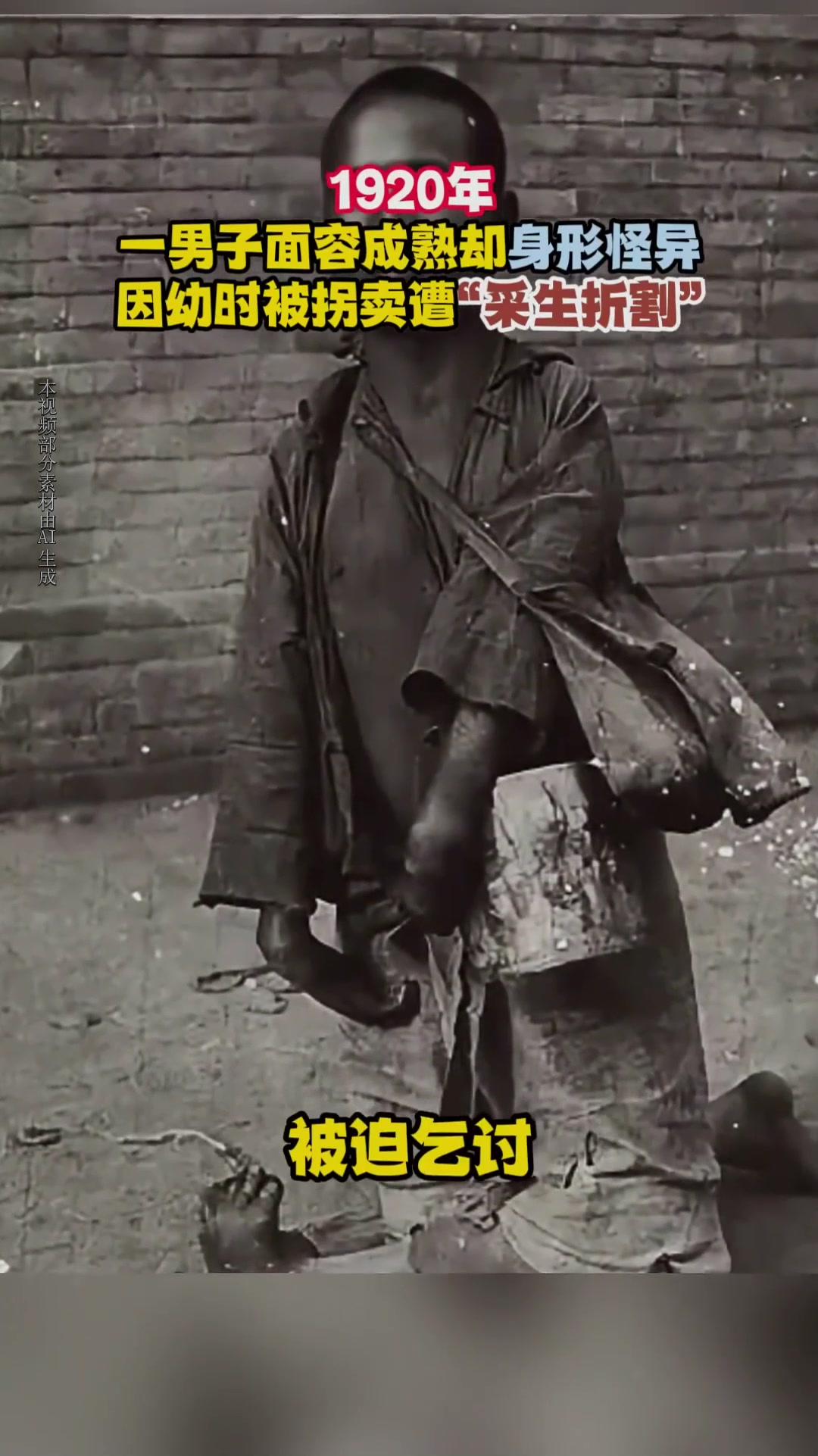 1920年,一男子面容成熟却身形怪异,因幼时被拐卖遭"采生折割"