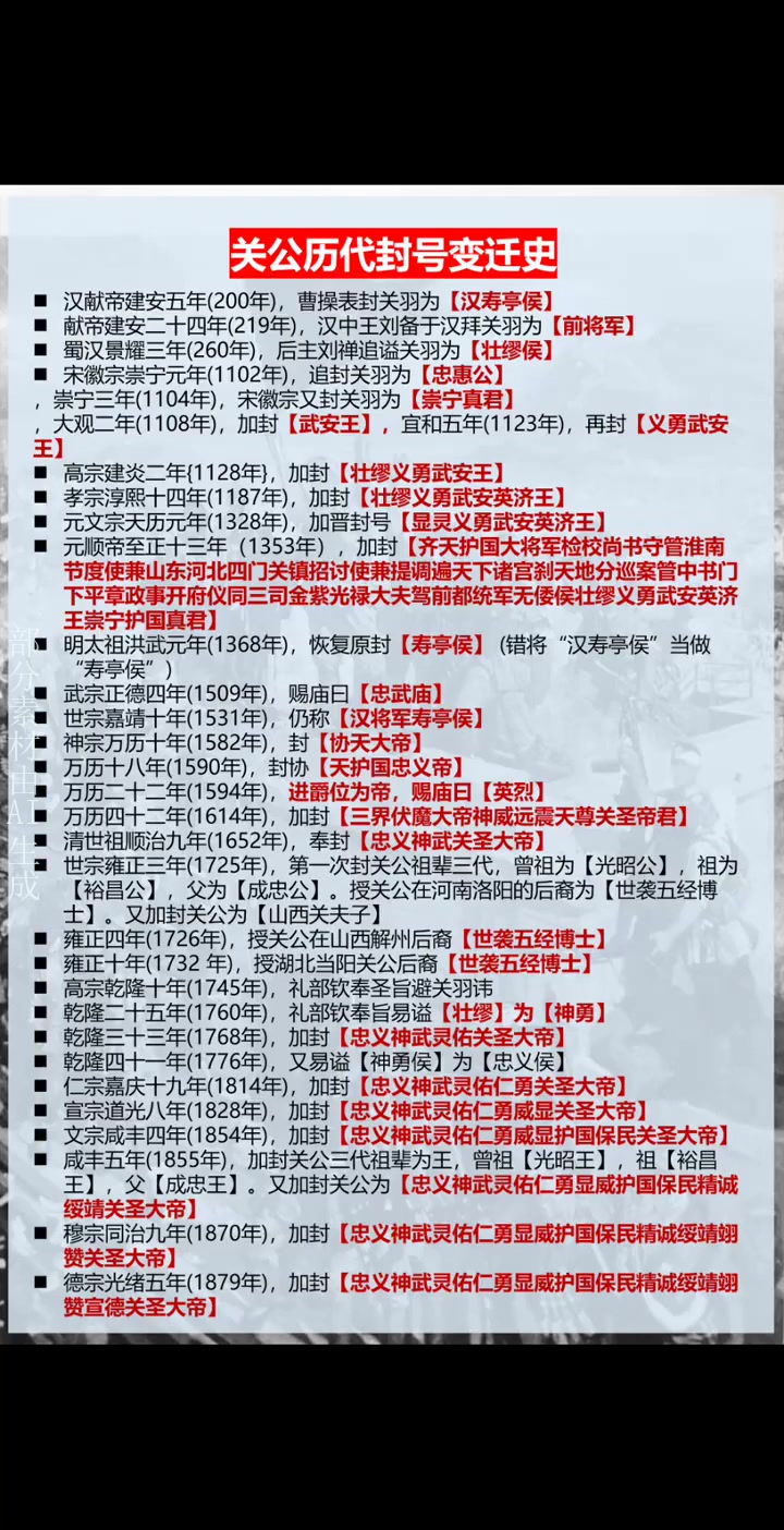 关公封号进化史,由侯而王,由王而帝,由帝而圣,由圣而天.威武