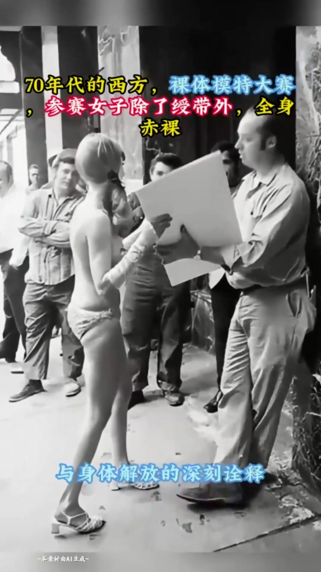 70年代,西方裸体模特大赛,参赛女子除了绶带外,全身赤裸
