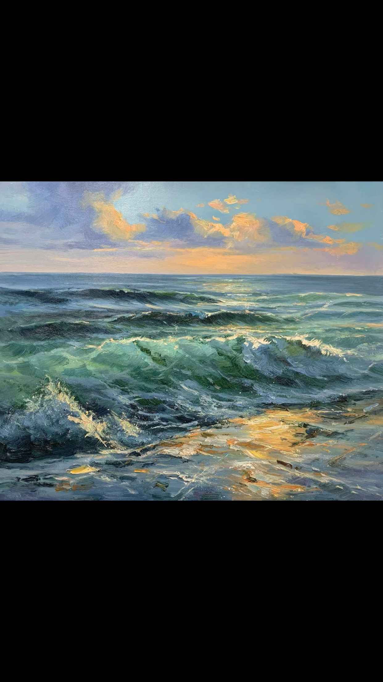 油画里的海浪与晚霞