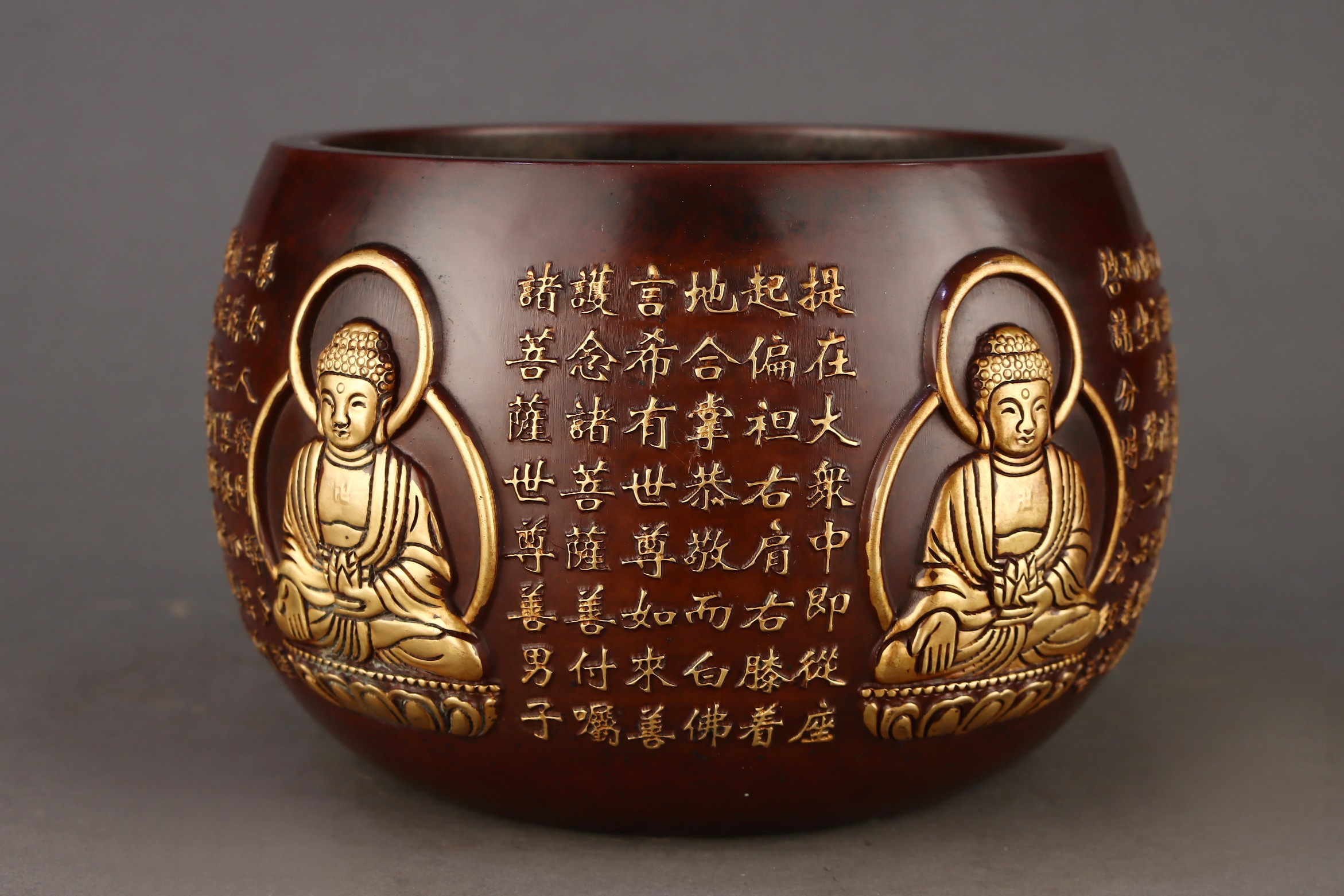 明 精铸紫铜胎鎏金五方佛钵式炉