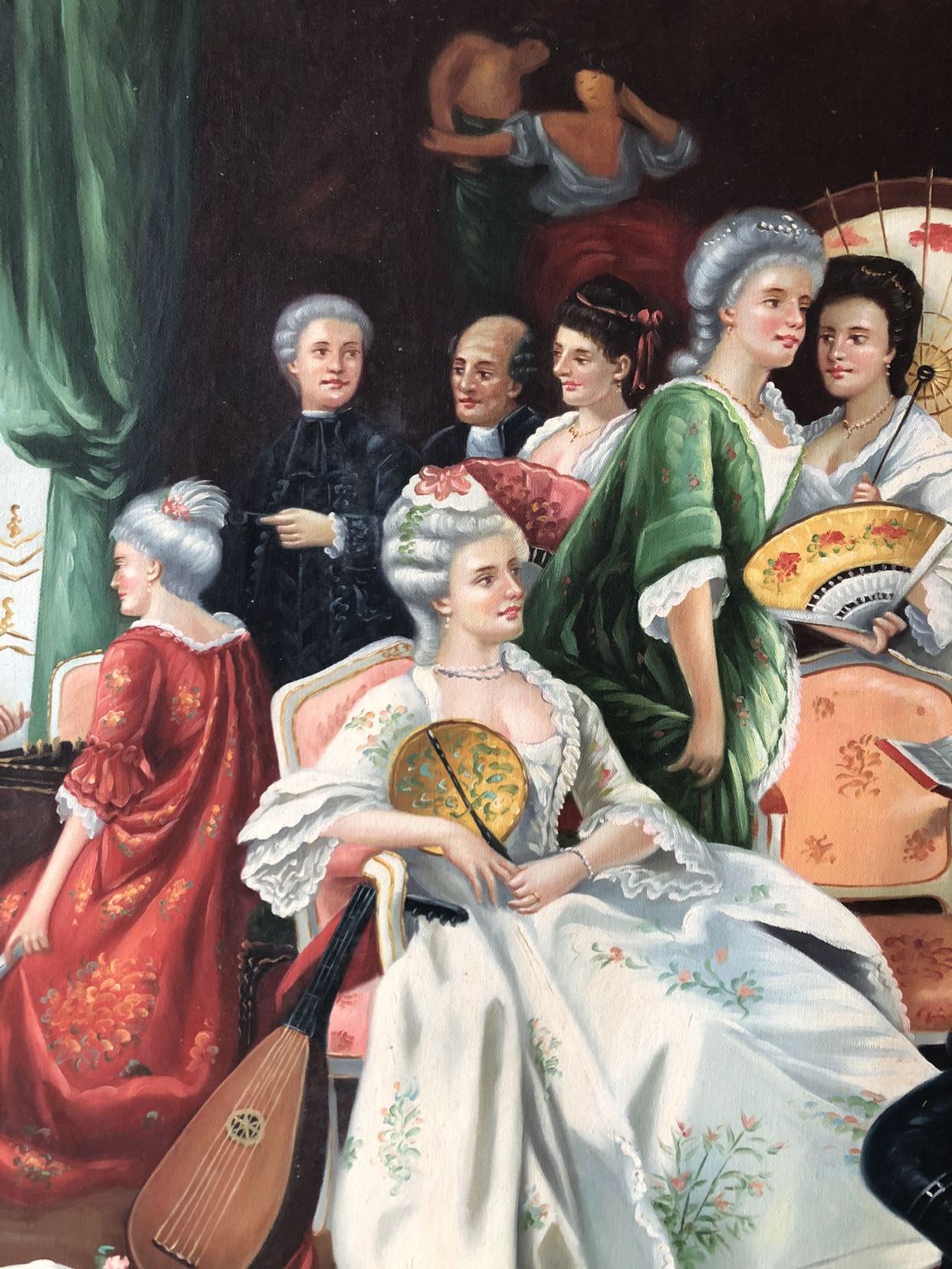 欧式宫廷人物油画,画面描绘18世纪贵族聚会场景人物服饰华丽精致