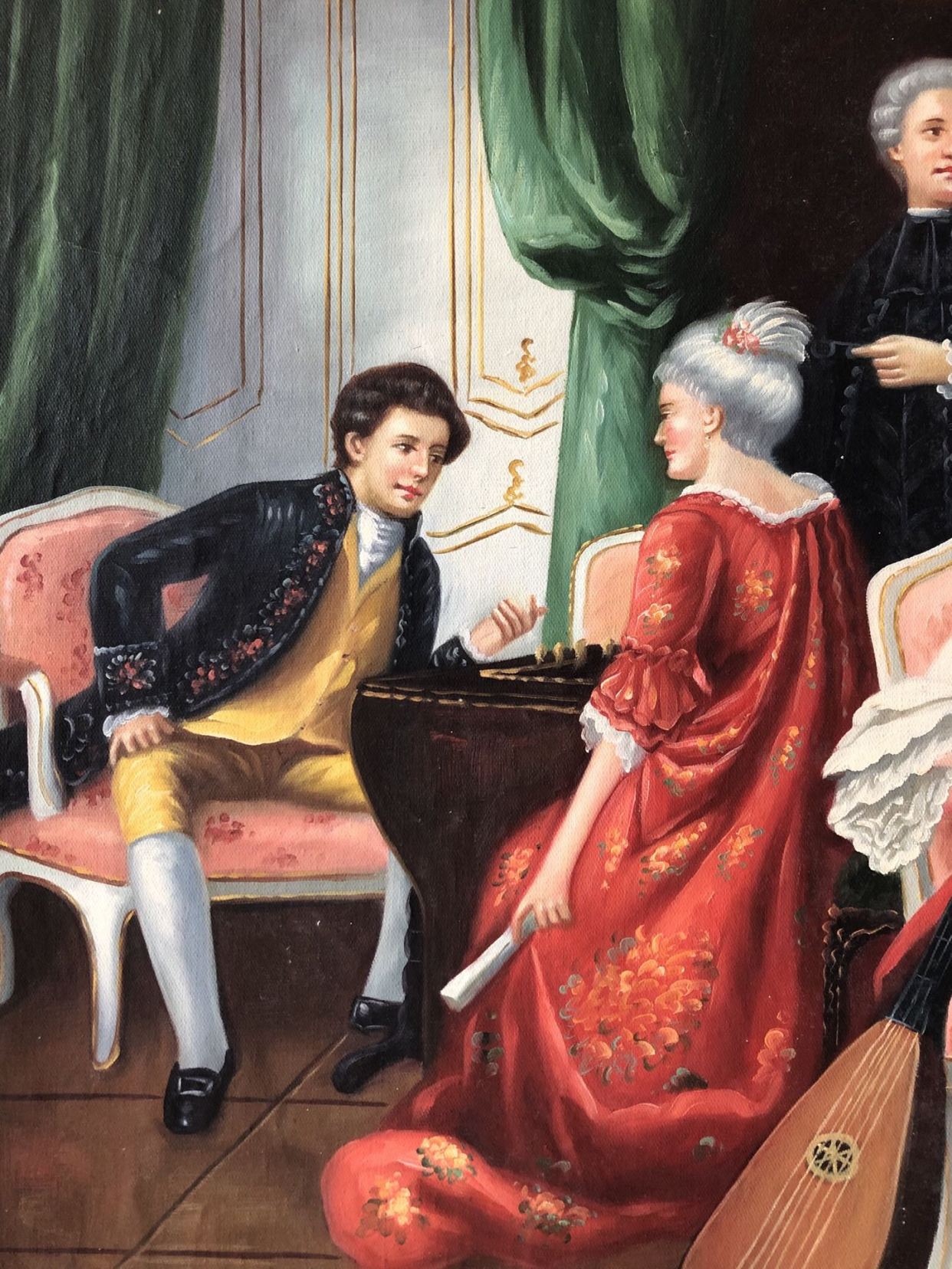 欧式宫廷人物油画,画面描绘18世纪贵族聚会场景人物服饰华丽精致