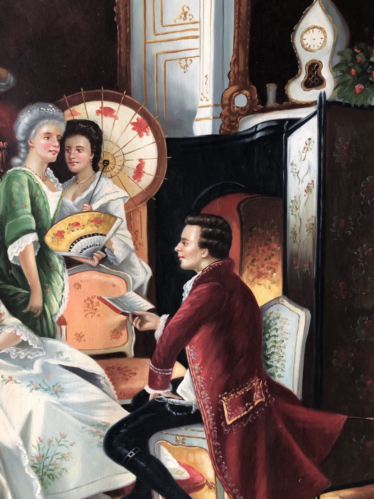 欧式宫廷人物油画,画面描绘18世纪贵族聚会场景人物服饰华丽精致