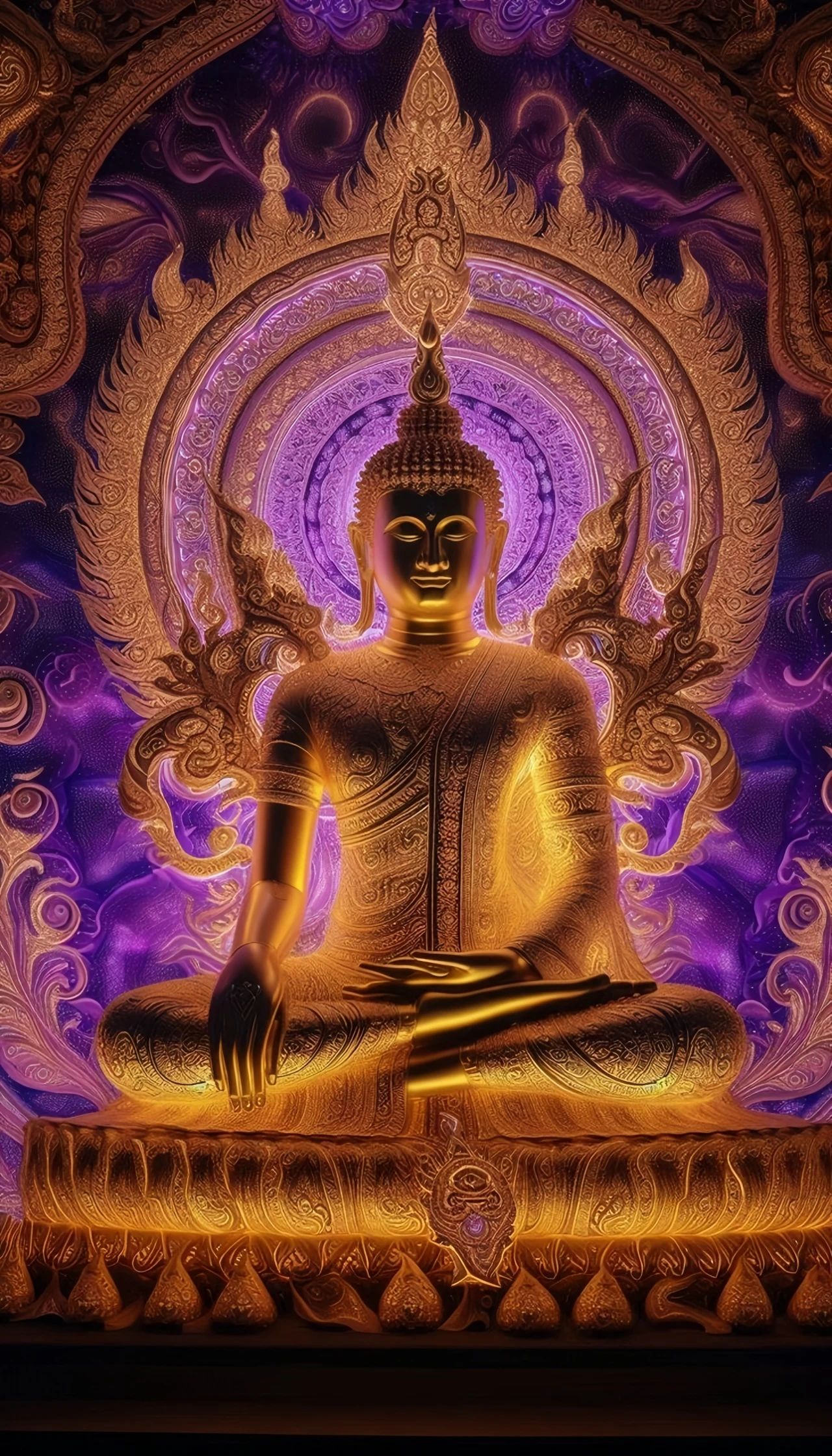 在光影交织的奇幻之境,佛陀静坐莲花.那圣洁之姿,仿若穿越时空而来