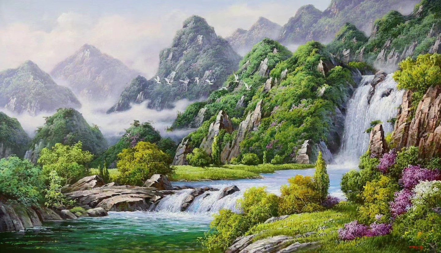 朝鲜油画《鹤舞千秋图》 朝鲜油画《鹤舞千秋图》,京福,尺寸119/69