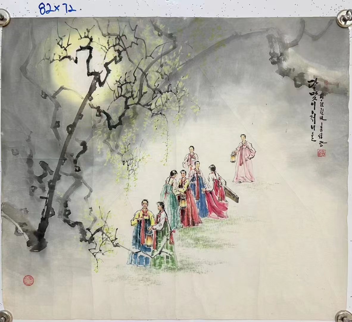 朝鲜国画《赏月的姑娘们》