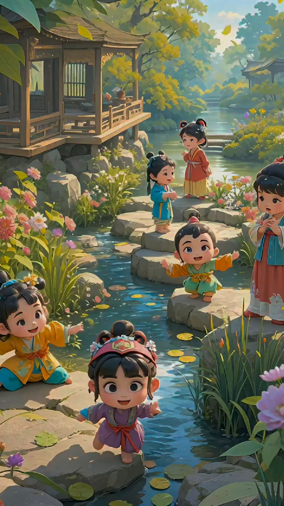 童趣盎然的古风画卷,小朋友们在花丛中嬉戏