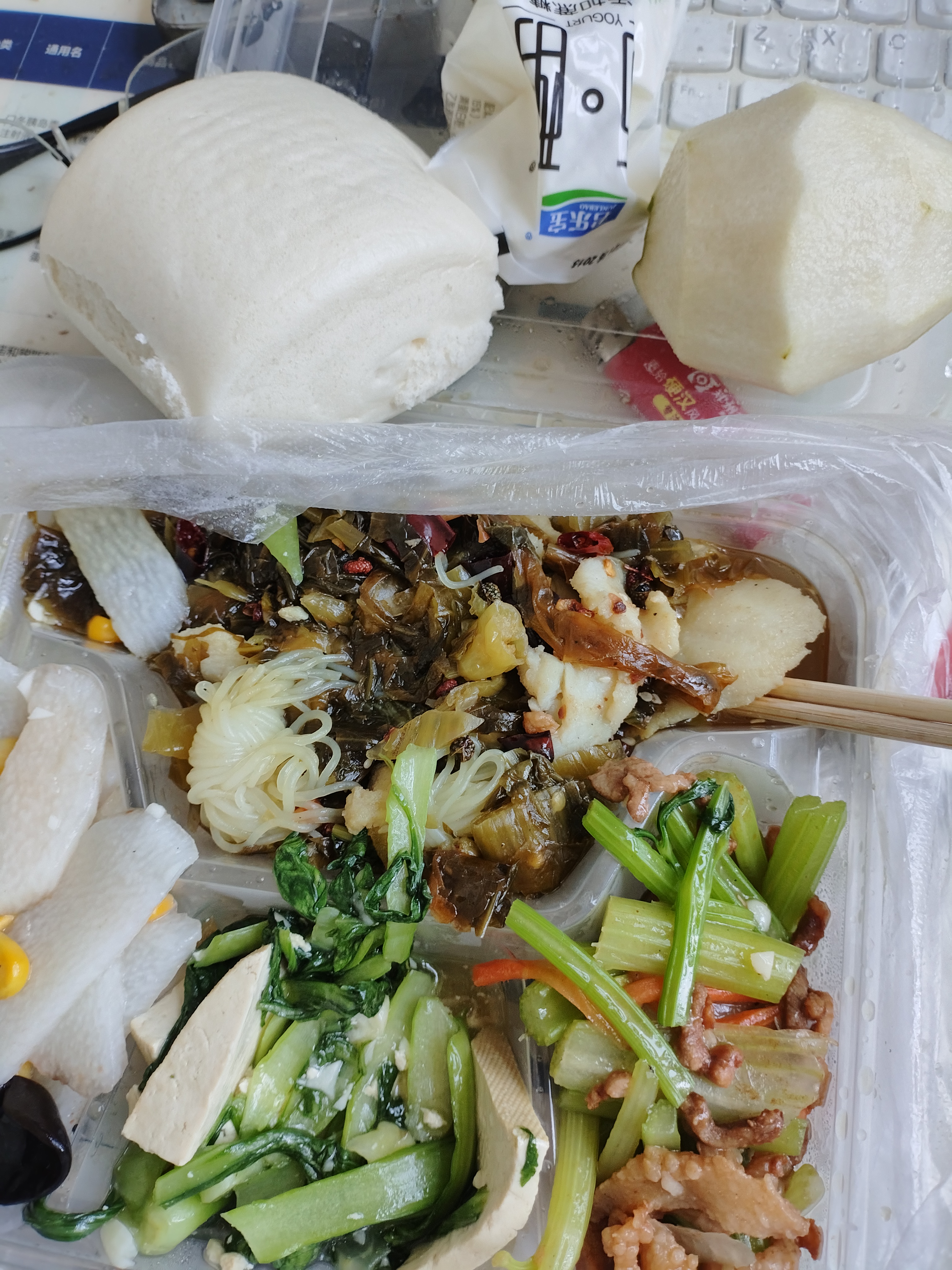 单位午餐三样菜酸菜鱼豆腐青菜芹菜肉丝两个馒头一小袋酸奶一