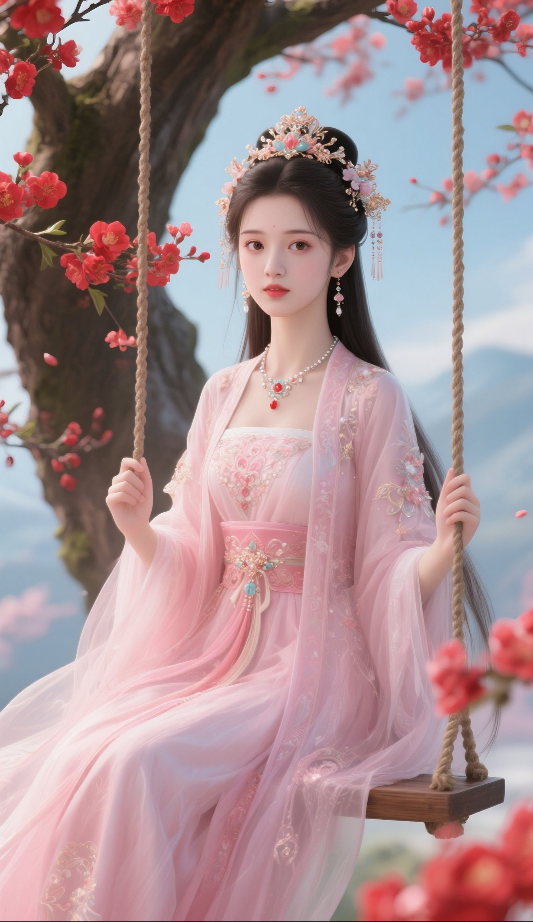 在这一方如梦似幻的空间里,一位身着绝美粉衣的佳人,似从古老的画卷中