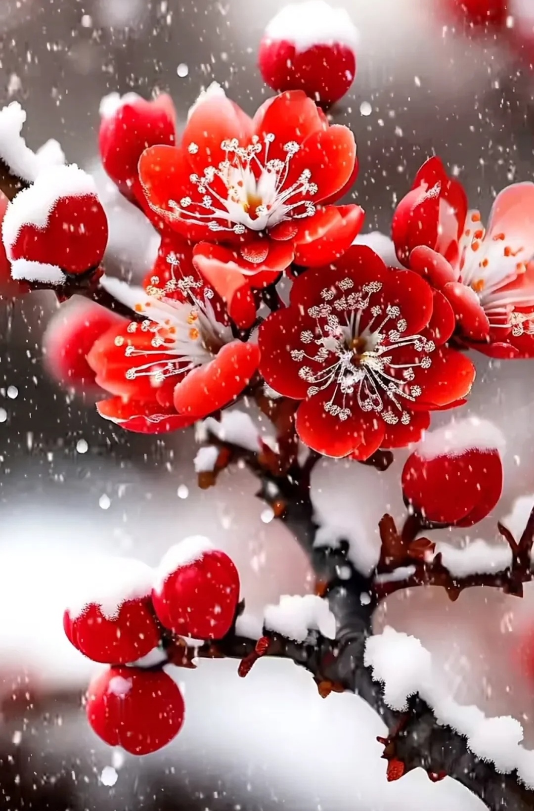 压红梅图片雪花红梅冬雪红梅图片唯美大红色梅花雪飘梅园万点红图片