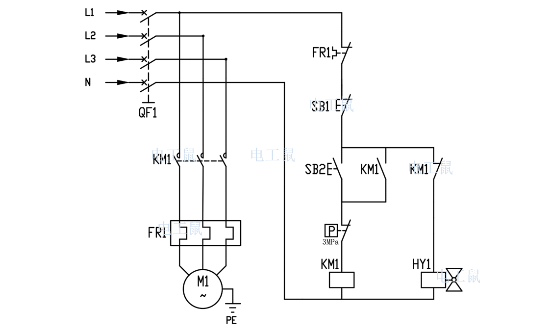 电工电路 这个电路的功能是,按下启动,开始增压,压力到自动断开增压泵
