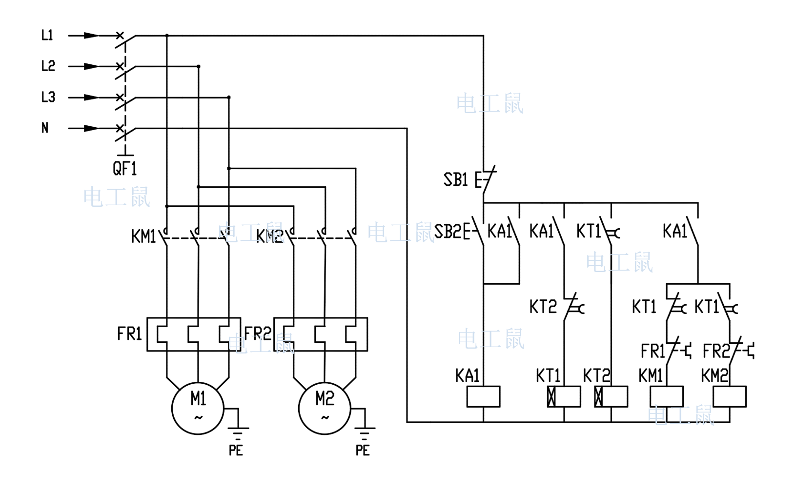电工电路 这两个电路的功能都是两台电机的循环启动运行 不同点在于