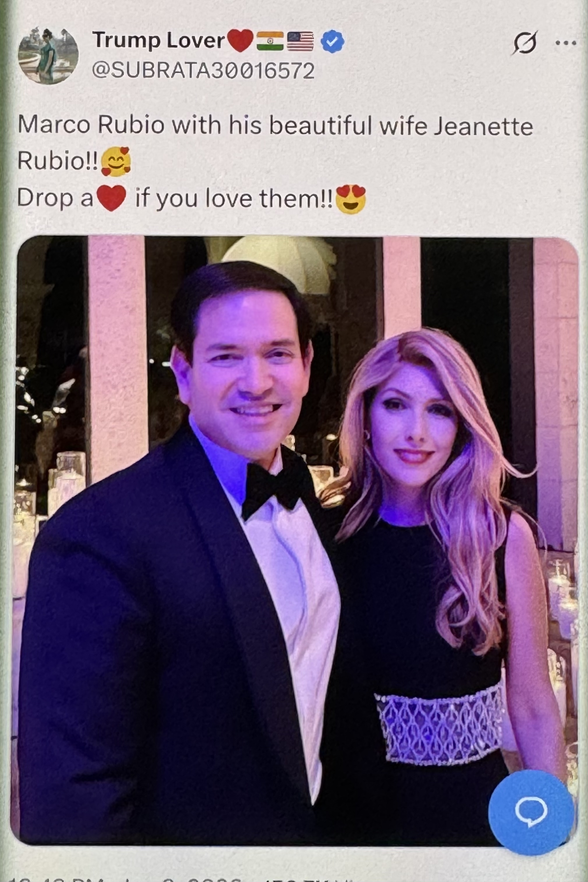 马可·鲁比奥携妻子亮相晚宴珍妮特颜值太能打了