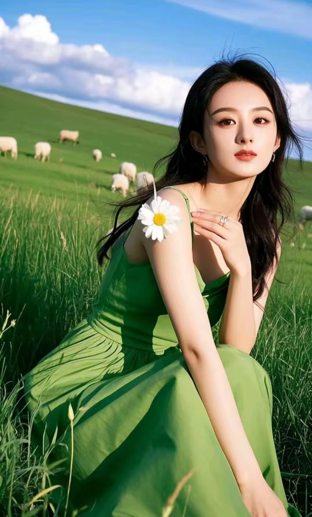 赵丽颖绿色裙子在大草原写真!