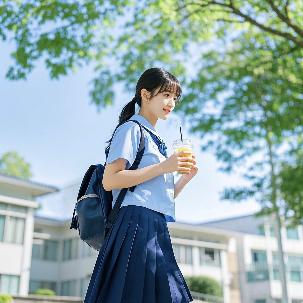 在洒满阳光的校园小道上,她身着整洁的校服,身姿轻盈