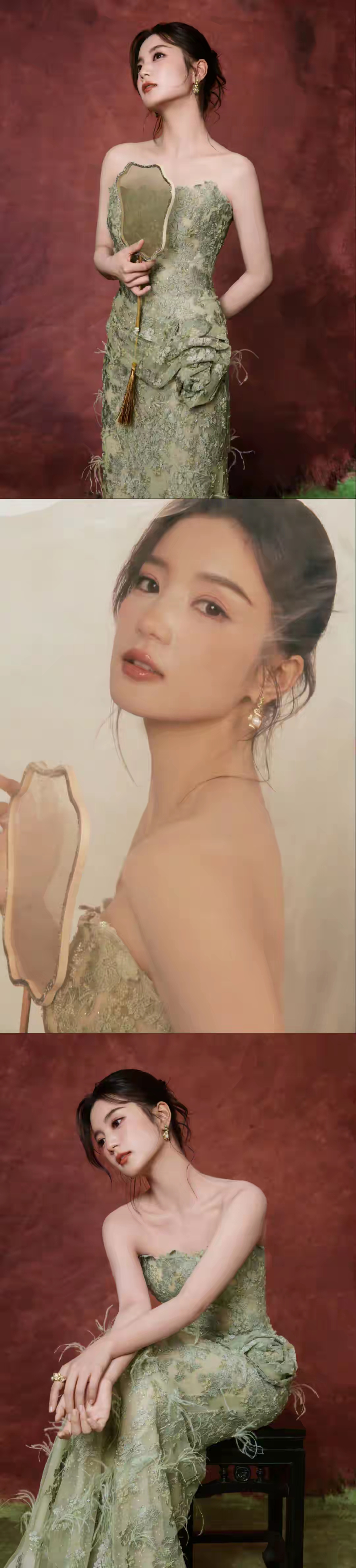 演员张雅钦淡绿色抹胸裙穿搭,气质优雅高贵