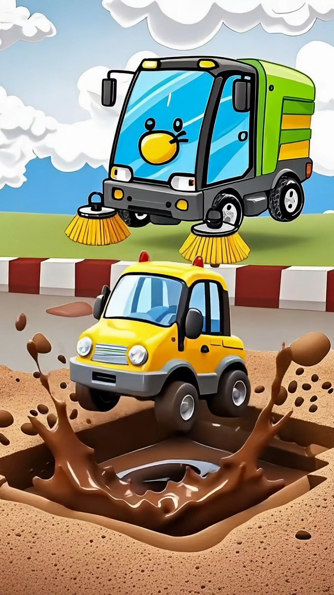 扫地车跳泥坑结果把扫刷弄脏了