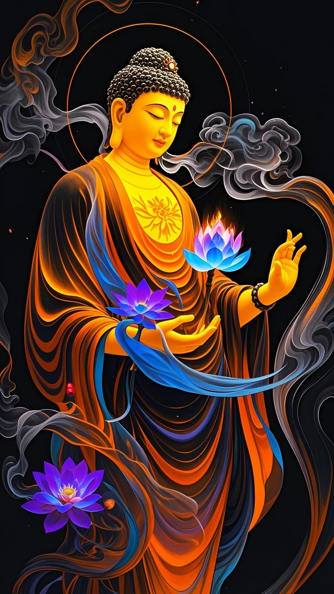 "微笑拈花,佛说两般世界"化用了佛教经典的"拈花微笑"典故,佛祖拈花