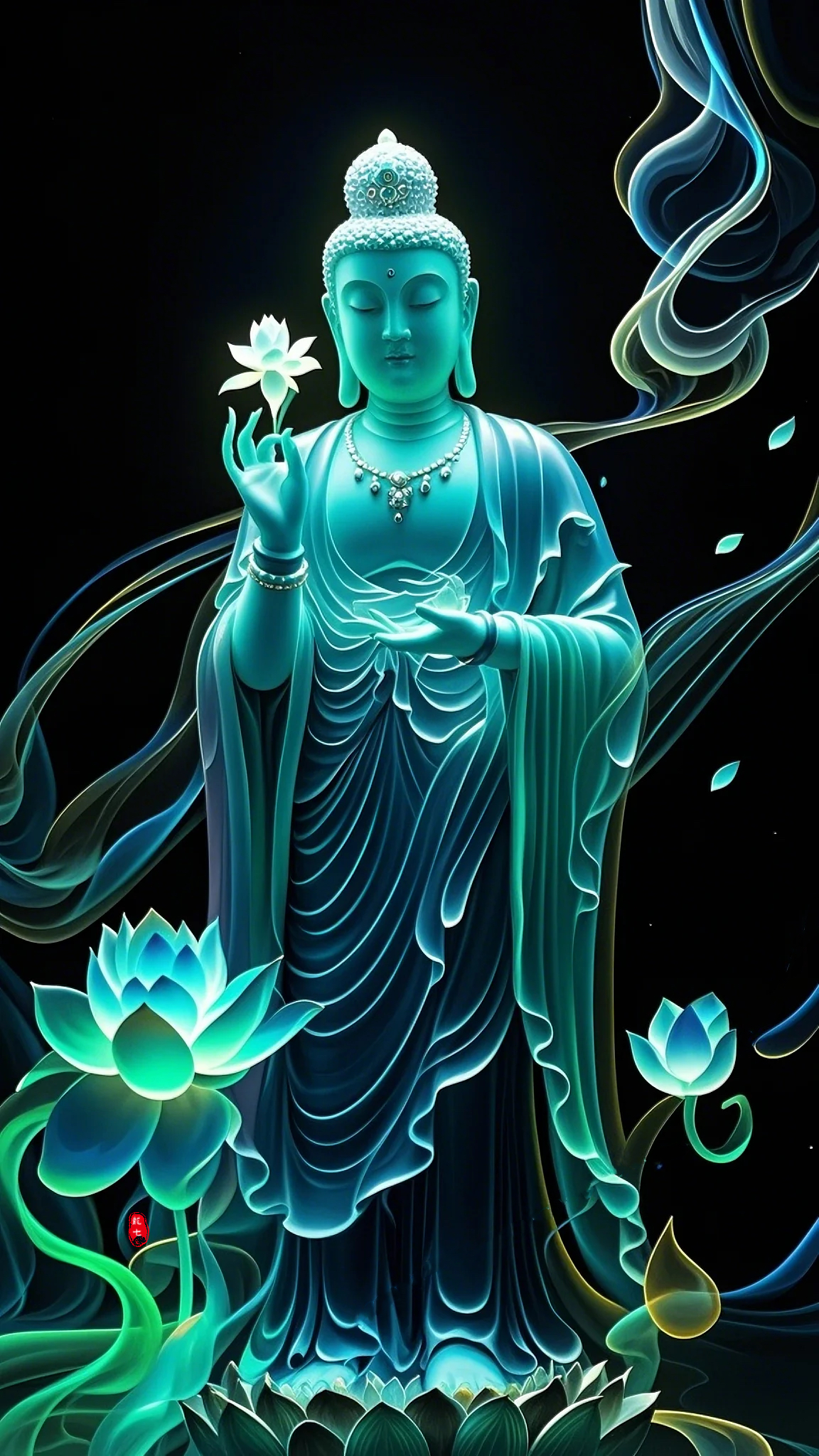 "微笑拈花,佛说两般世界"化用了佛教经典的"拈花微笑"典故,佛祖拈花